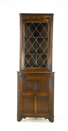 Antique Corner Cabinet, Vintage Carved Oak Corner Cabinet, Scotland 1950, B1397
