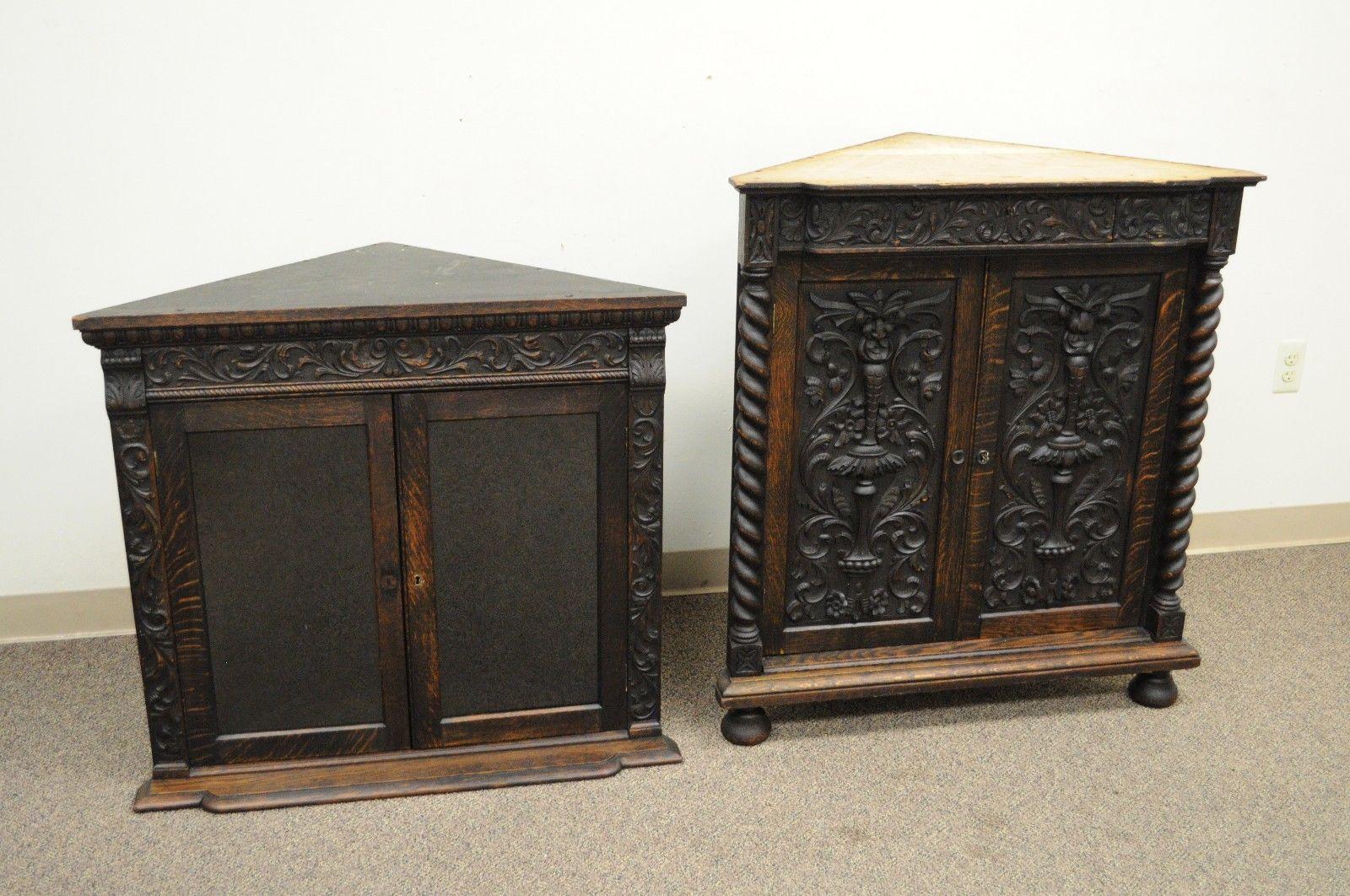 Antique Corner China Cabinet Cupboard Renaissance Revival Belgian Carved Oak 3