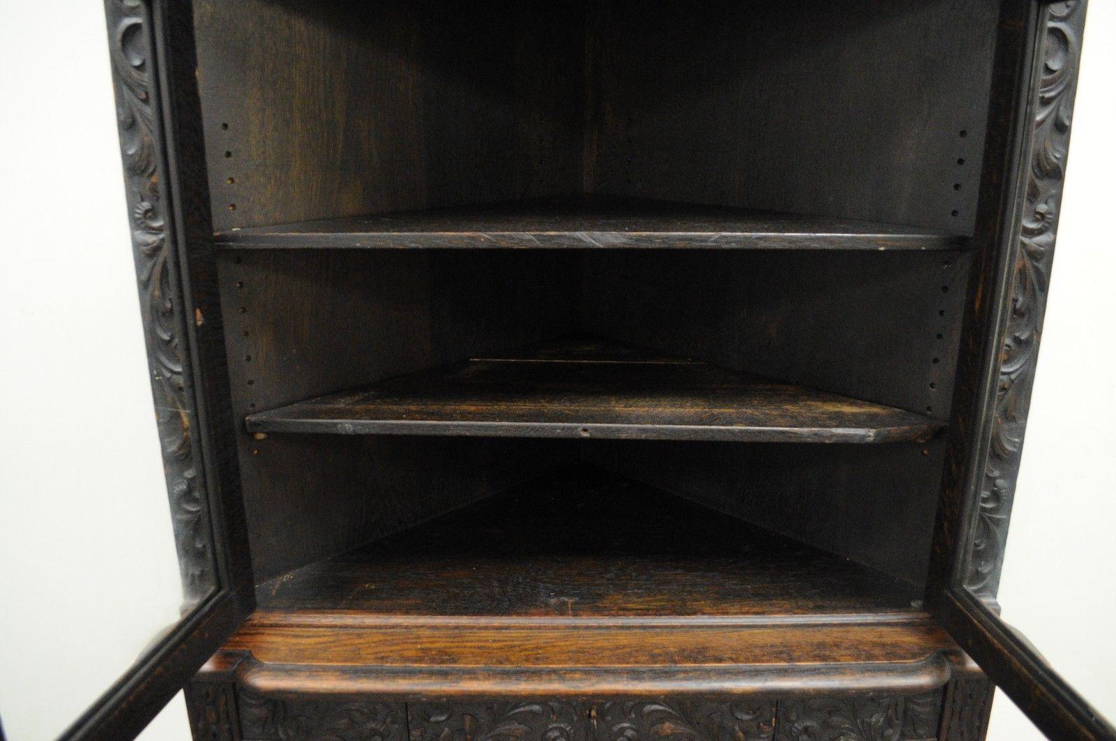 European Antique Corner China Cabinet Cupboard Renaissance Revival Belgian Carved Oak