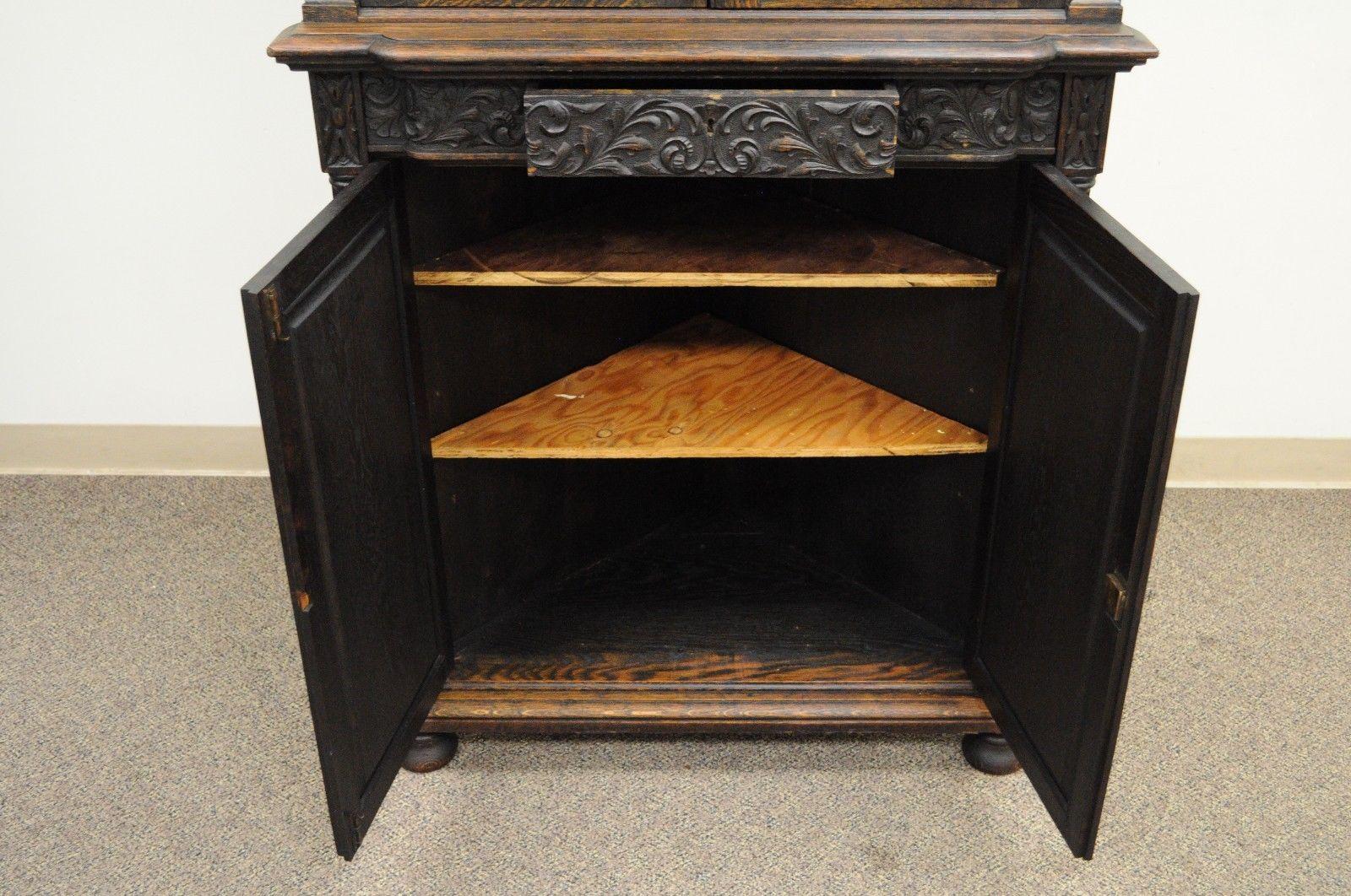 19th Century Antique Corner China Cabinet Cupboard Renaissance Revival Belgian Carved Oak