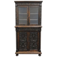 Antique Corner China Cabinet Cupboard Renaissance Revival Belgian Carved Oak