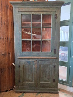 Antique Corner Cupboard Circa 1790 In Old Blue Paint American