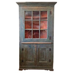 Antique Corner Cupboard Circa 1790 In Old Blue Paint American