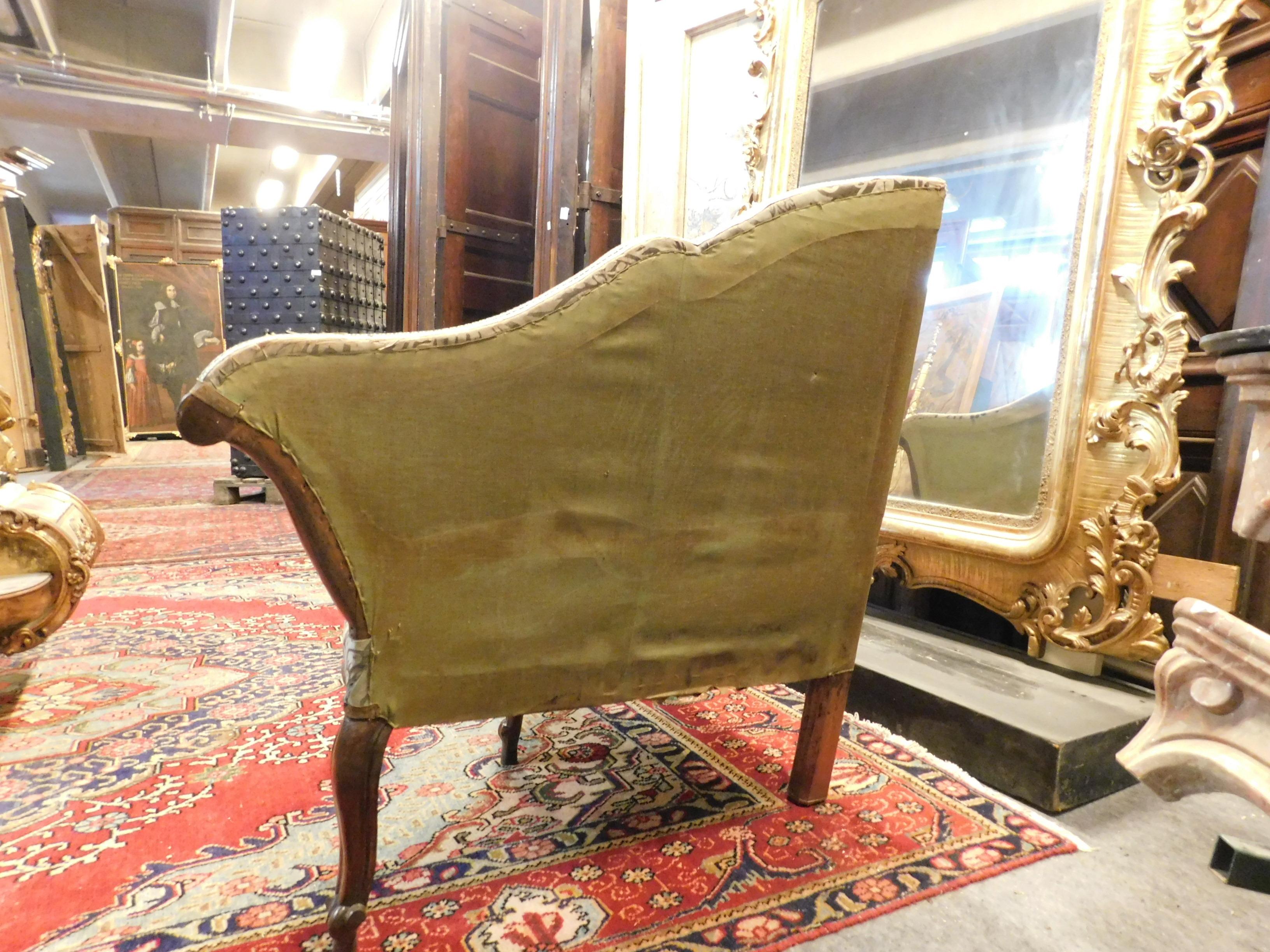 Italian Antique Corner Sofa in Walnut, Green Brocade Fabric, 18th Century, Italy