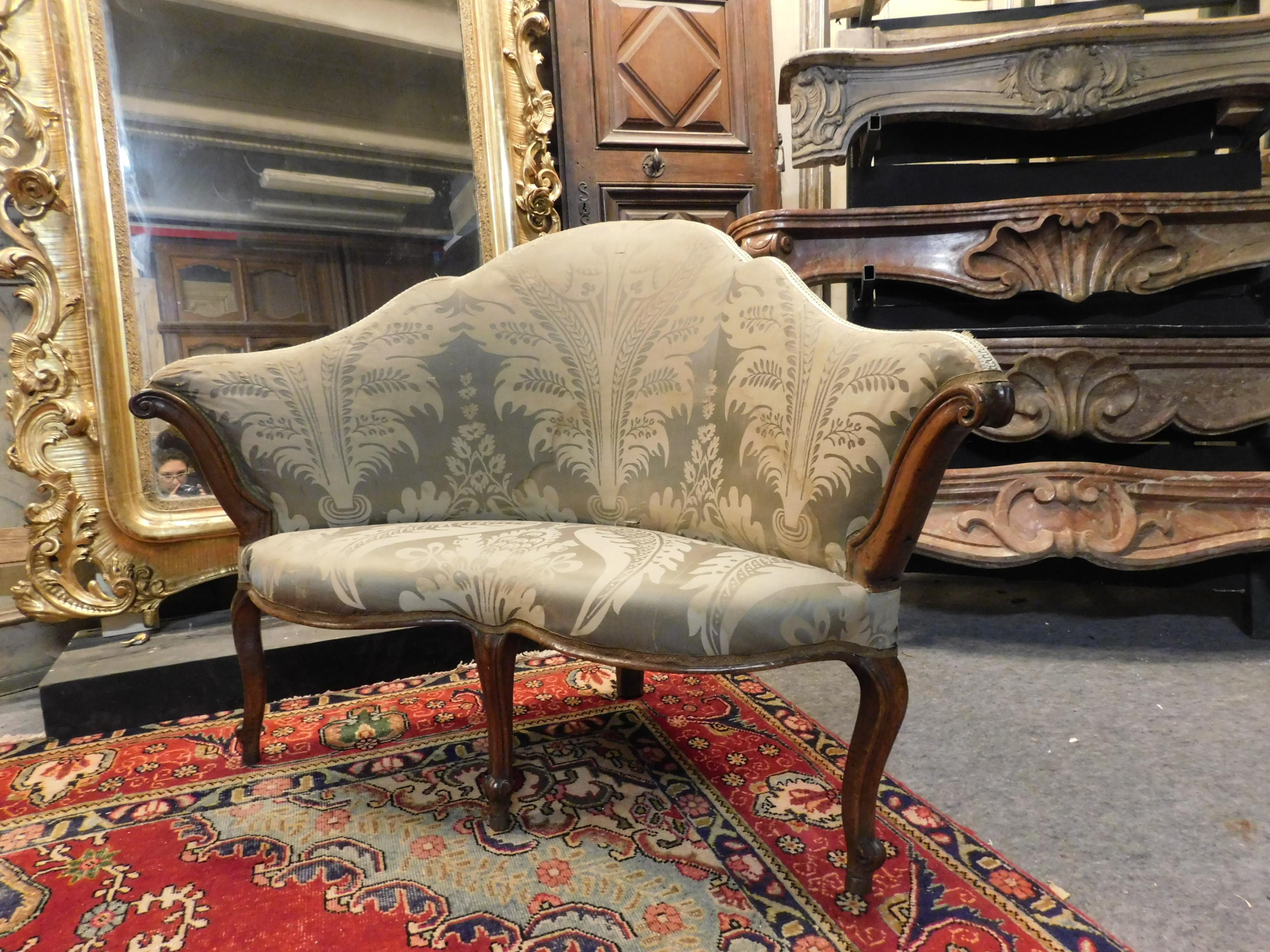 Hand-Carved Antique Corner Sofa in Walnut, Green Brocade Fabric, 18th Century, Italy