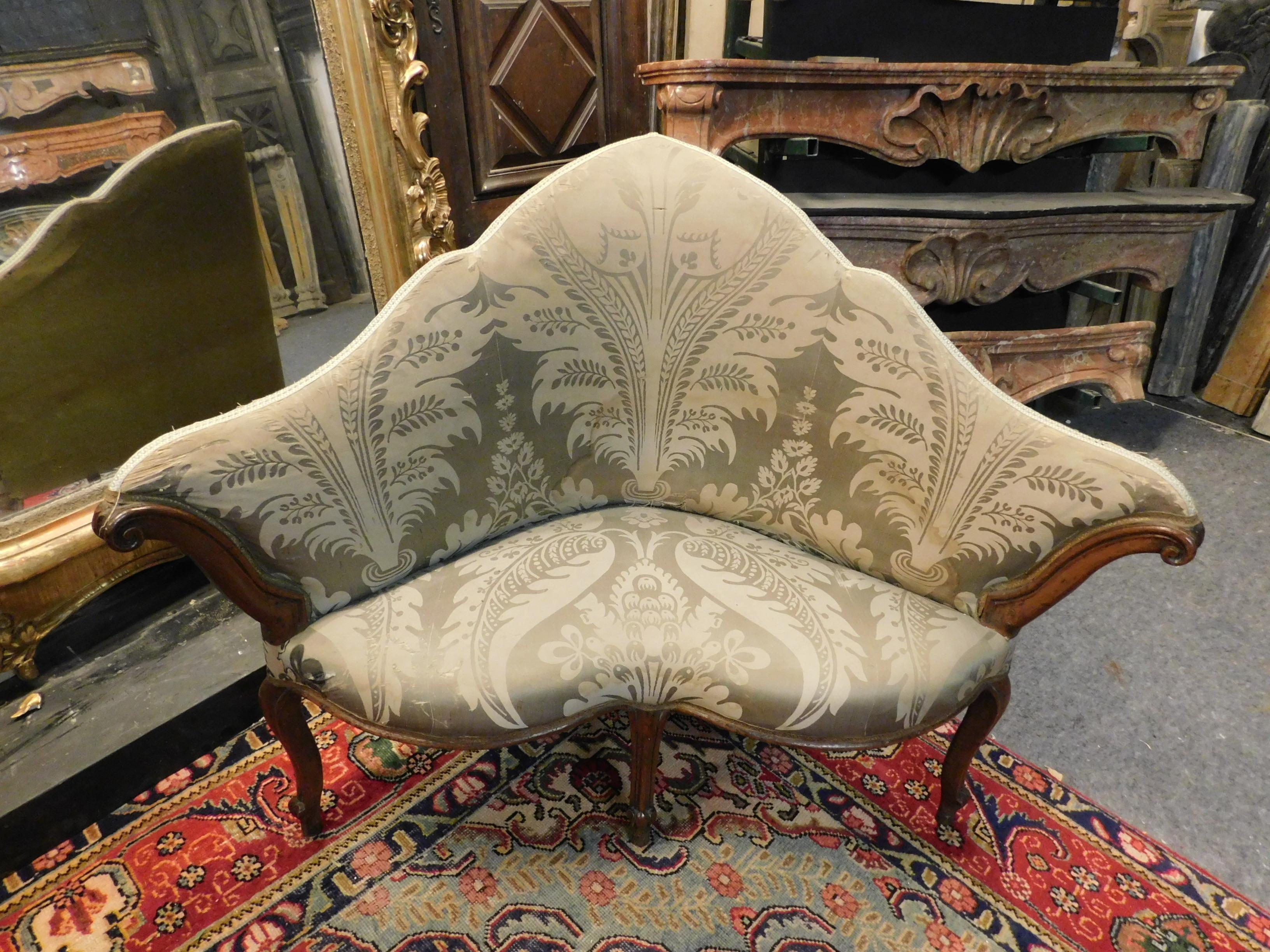 18th Century and Earlier Antique Corner Sofa in Walnut, Green Brocade Fabric, 18th Century, Italy
