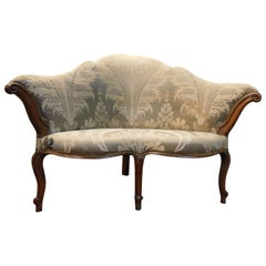 Antique Corner Sofa in Walnut, Green Brocade Fabric, 18th Century, Italy