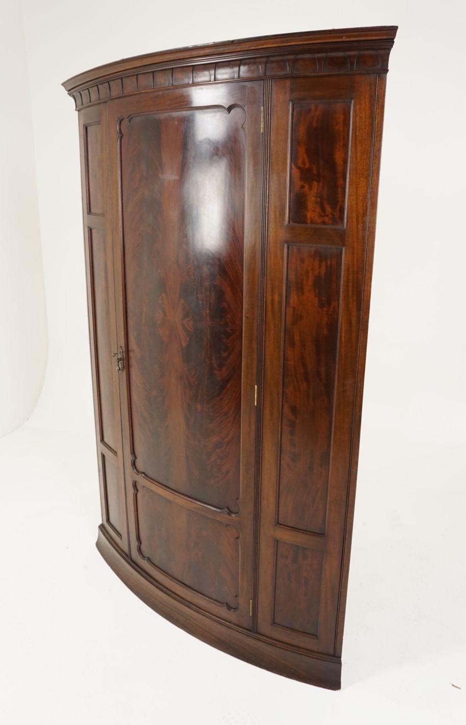 Early 20th Century Antique Corner Wardrobe, Flamed Mahogany, Corner Armoire, Scotland 1900, B1945