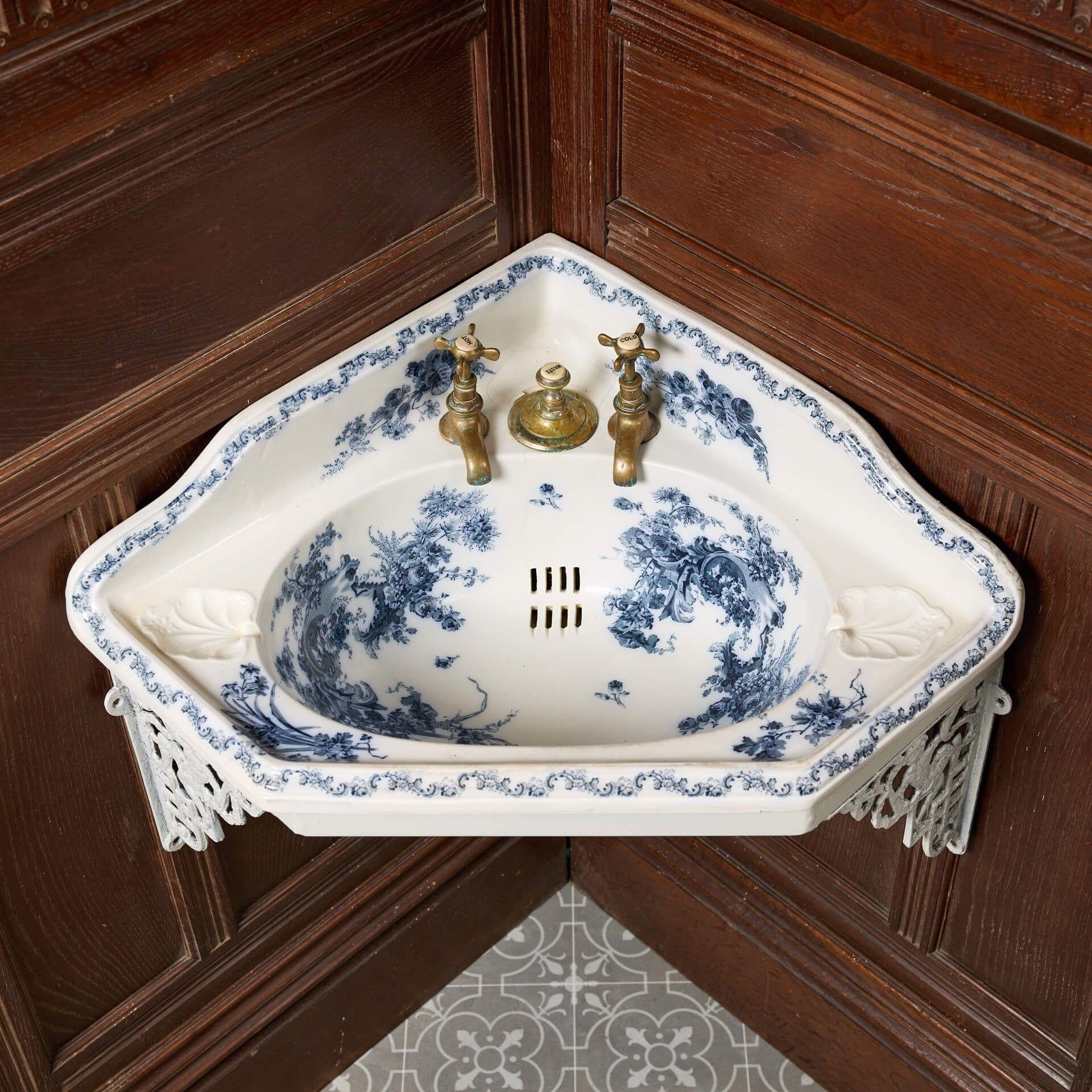 Victorian Antique Corner Wash Basin Mounted onto Period Oak Wall Panelling For Sale