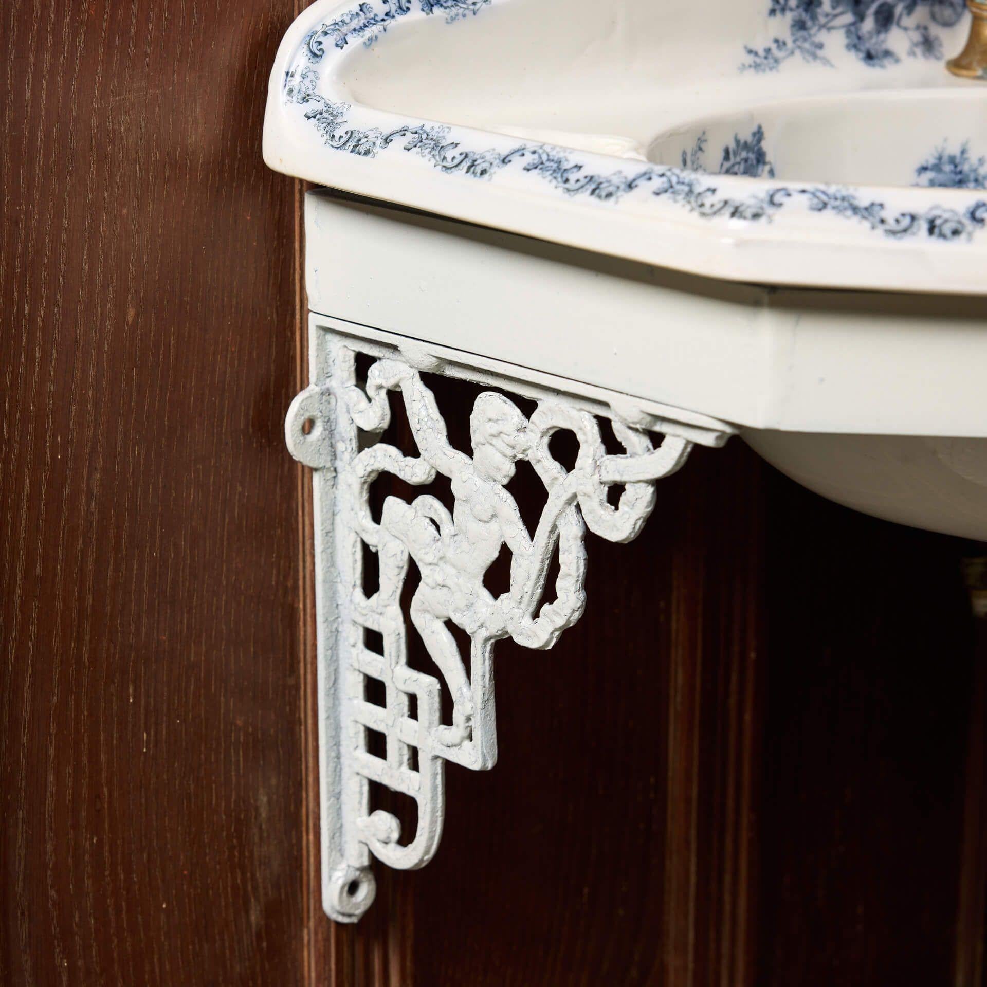 Antique Corner Wash Basin Mounted onto Period Oak Wall Panelling For Sale 1