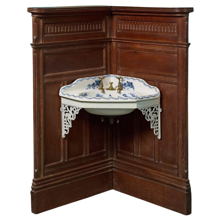 Antique Corner Wash Basin Mounted onto Period Oak Wall Panelling For
