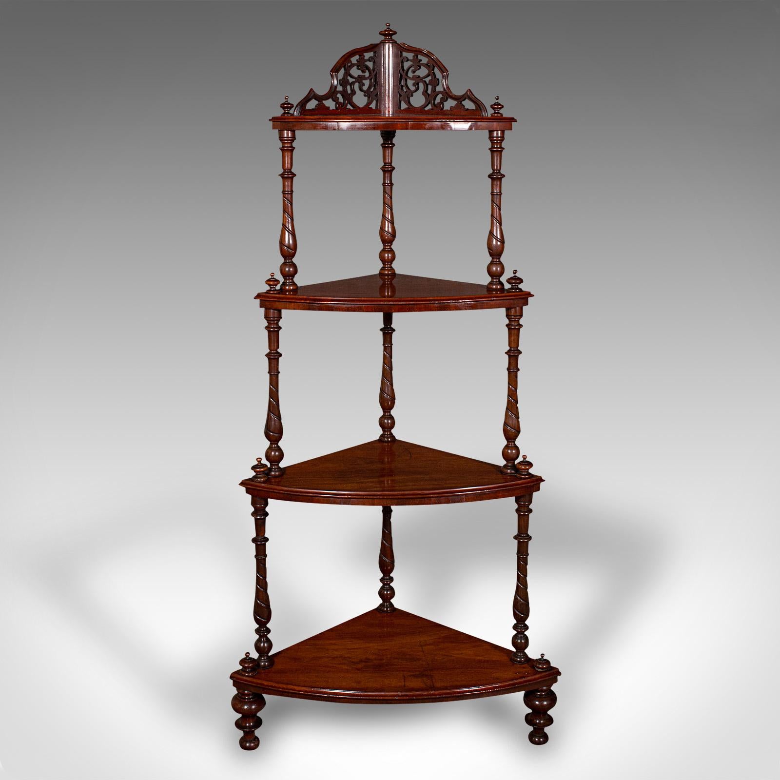 This is an antique corner whatnot. An English, walnut country house display stand, dating to the Victorian period, circa 1860.

Graceful cascading shape to this delightful corner stand
Displays a desirable aged patina and in good order
Select walnut