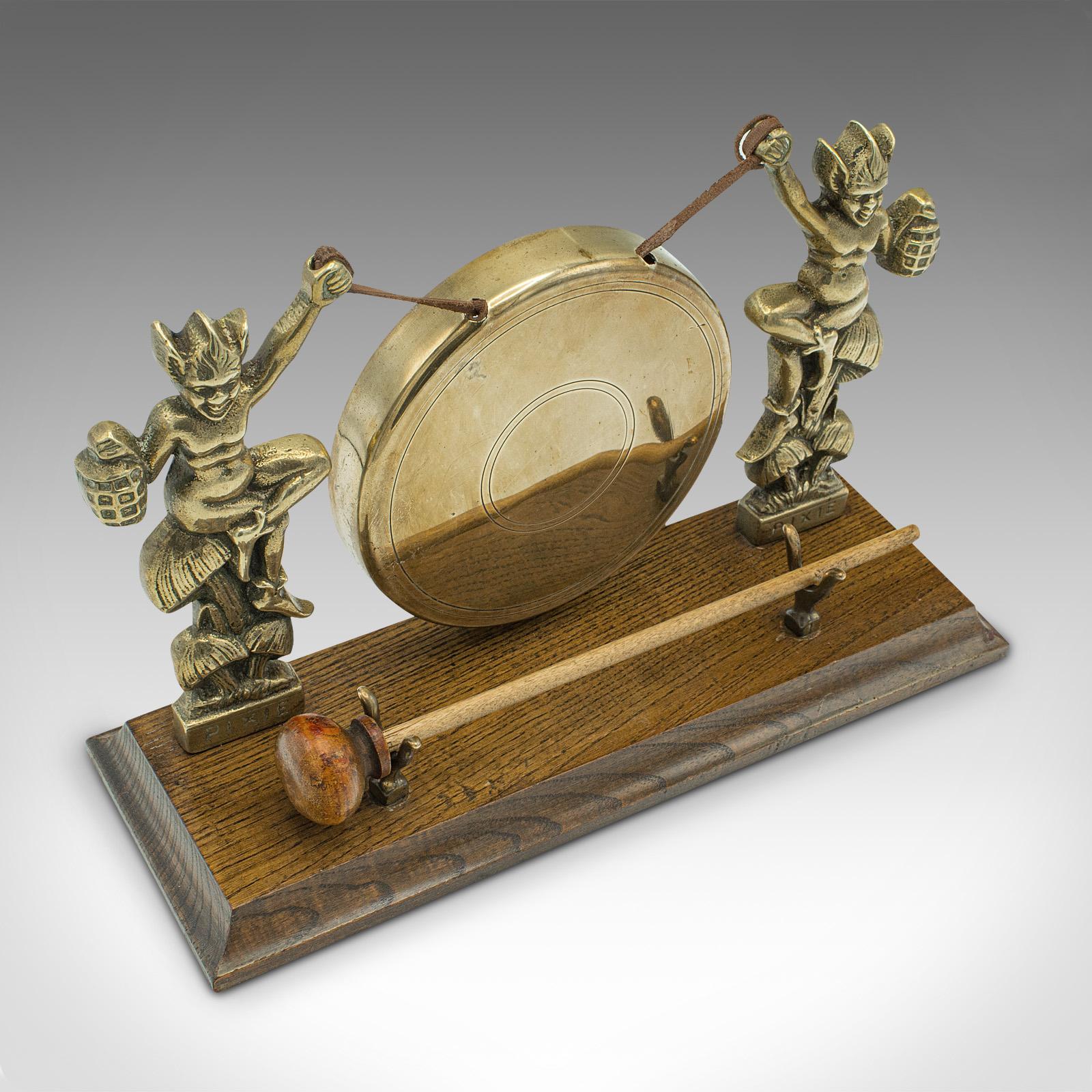 19th Century Antique Cornish Pixie Gong, English, Brass, Oak, Dinner Chime, Victorian, C.1900 For Sale
