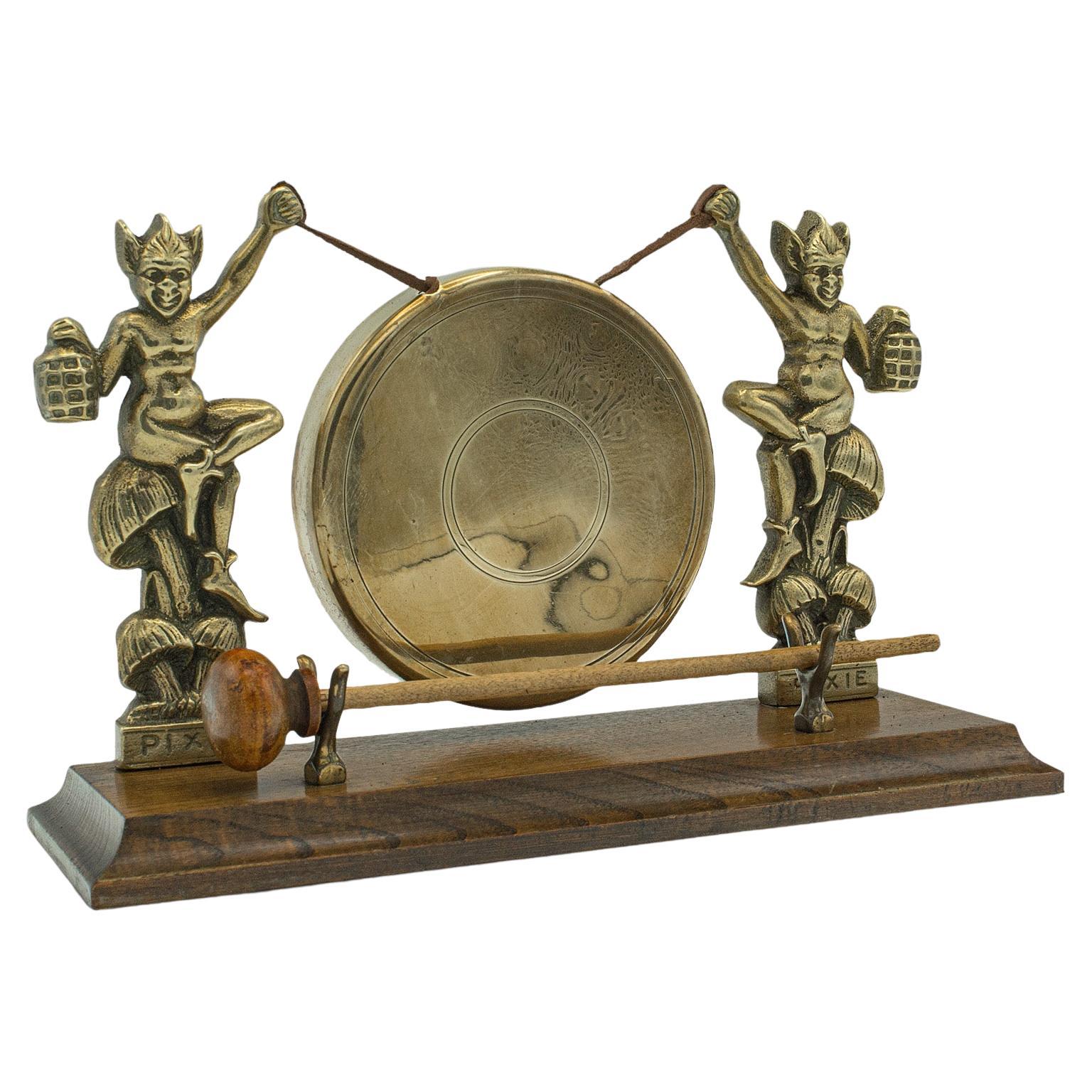 Antique Cornish Pixie Gong, English, Brass, Oak, Dinner Chime, Victorian, C.1900 For Sale