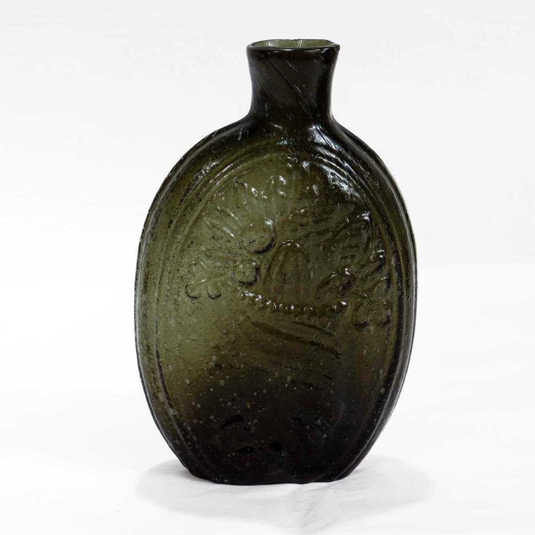 19th Century Antique Cornucopia / Urn Pictoral American Blown Glass Flask or Bottle G-III For Sale