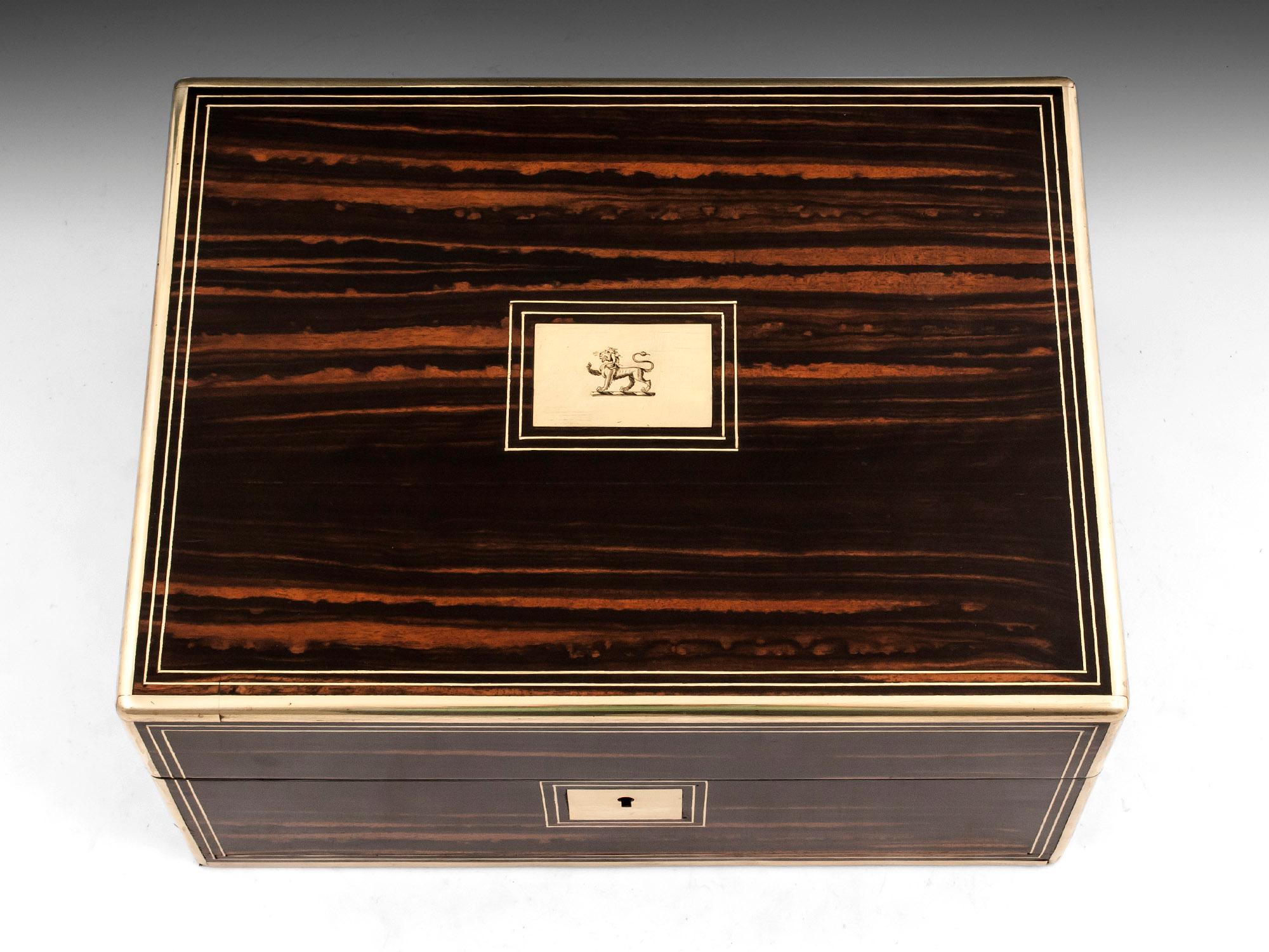 British Antique Coromandel and Brass Velvet Lined Jewelry Box 19th Century