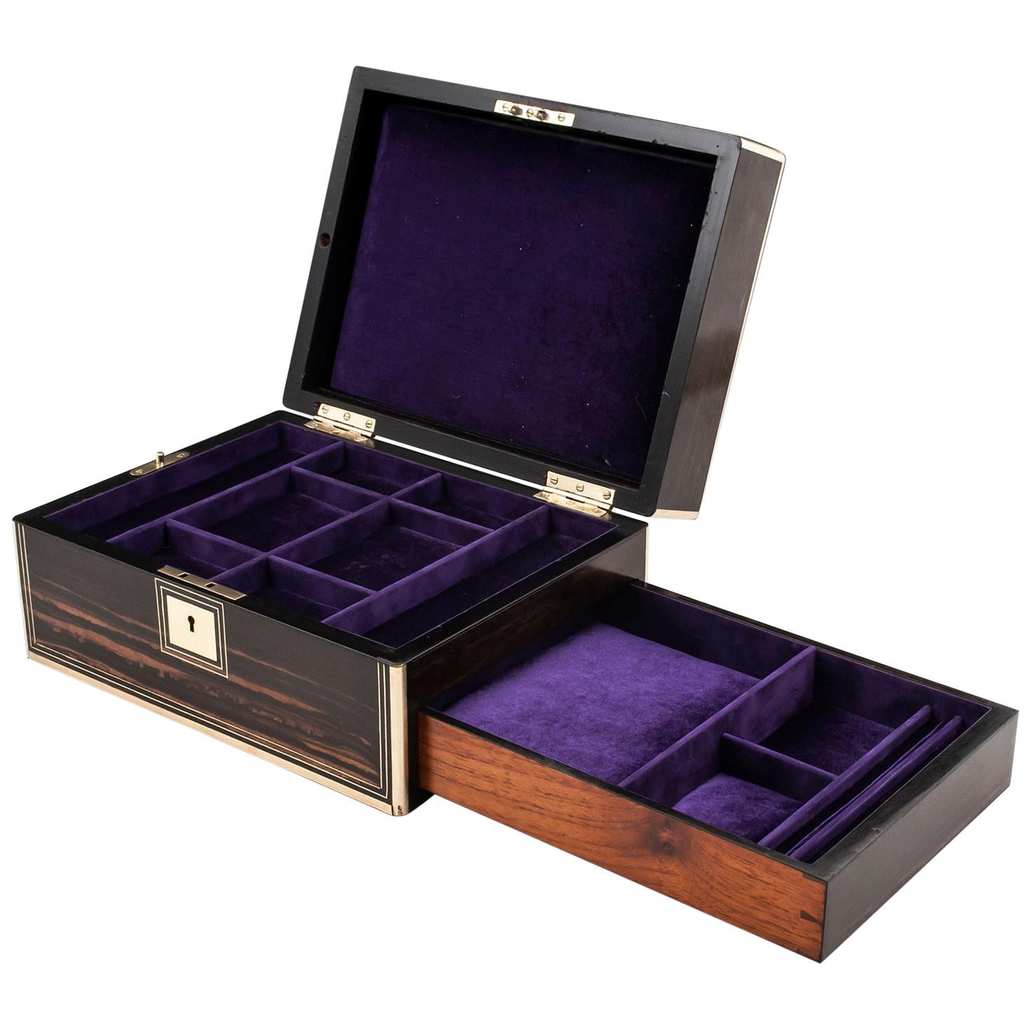 Antique Coromandel and Brass Velvet Lined Jewelry Box 19th Century