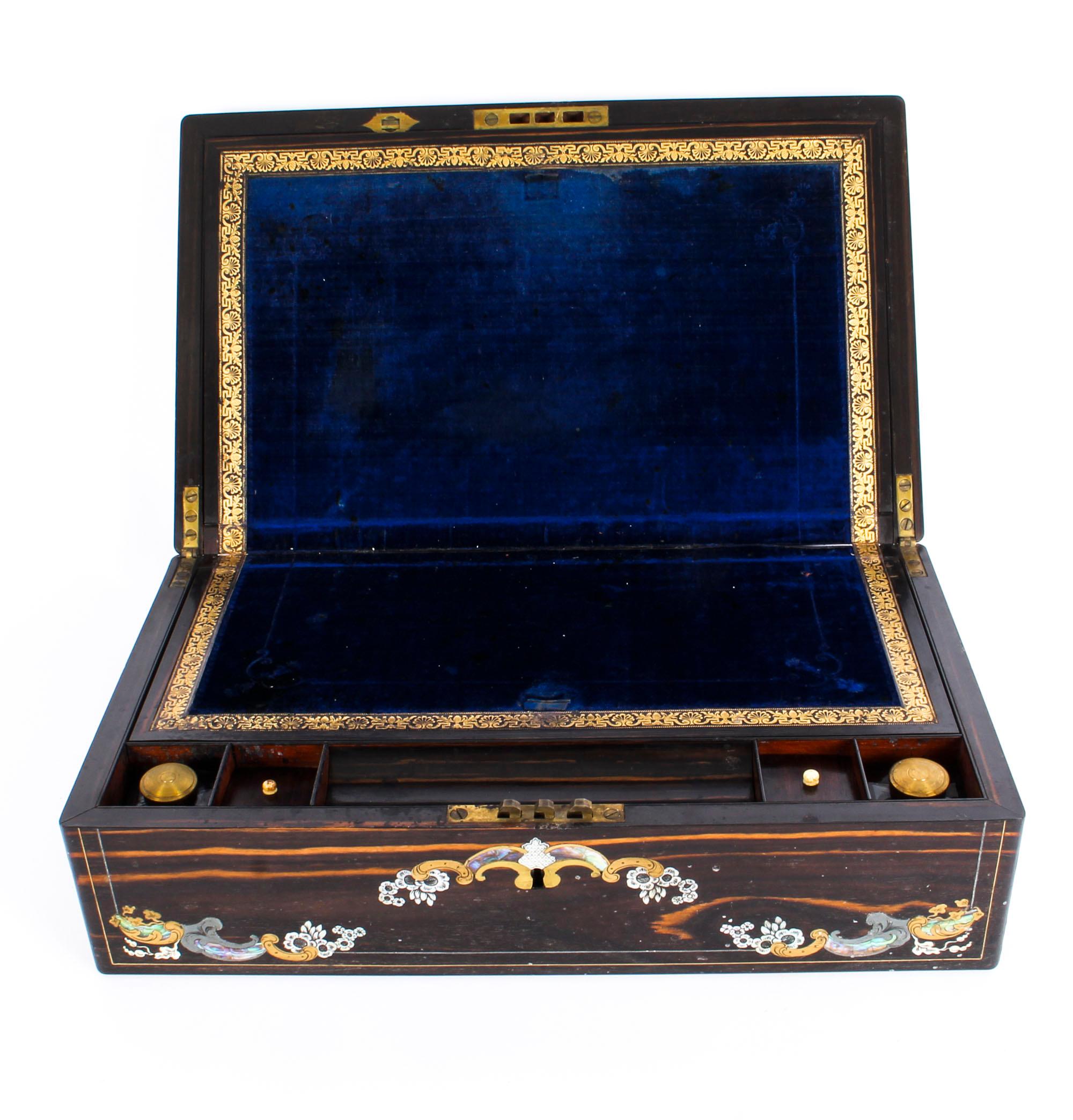 Antique Coromandel Brass & Pewter Inlaid Writing Slope, 19th Century In Good Condition In London, GB