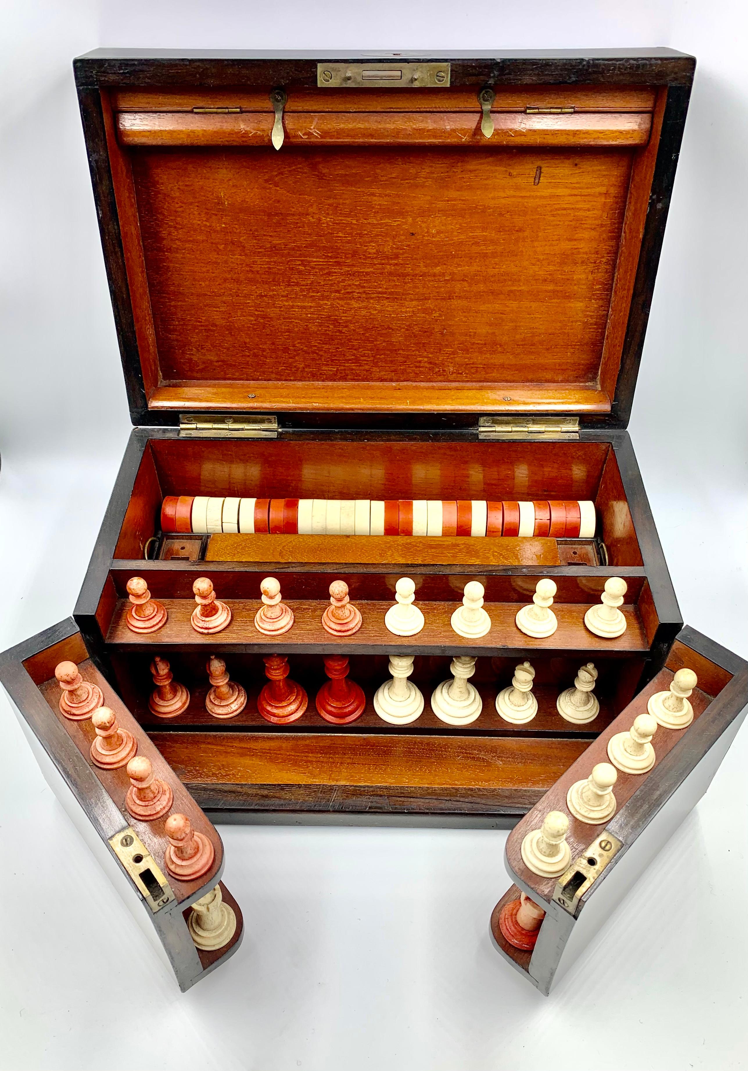 Regency Antique Coromandel Game Box, Hand Carved Chess, Backgammon, Checkers, Horse Race For Sale