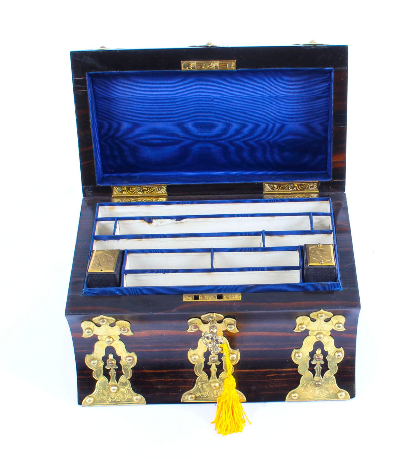 Wood Antique Coromandel Gothic Revival Gilt Brass Strapwork Stationery Box For Sale