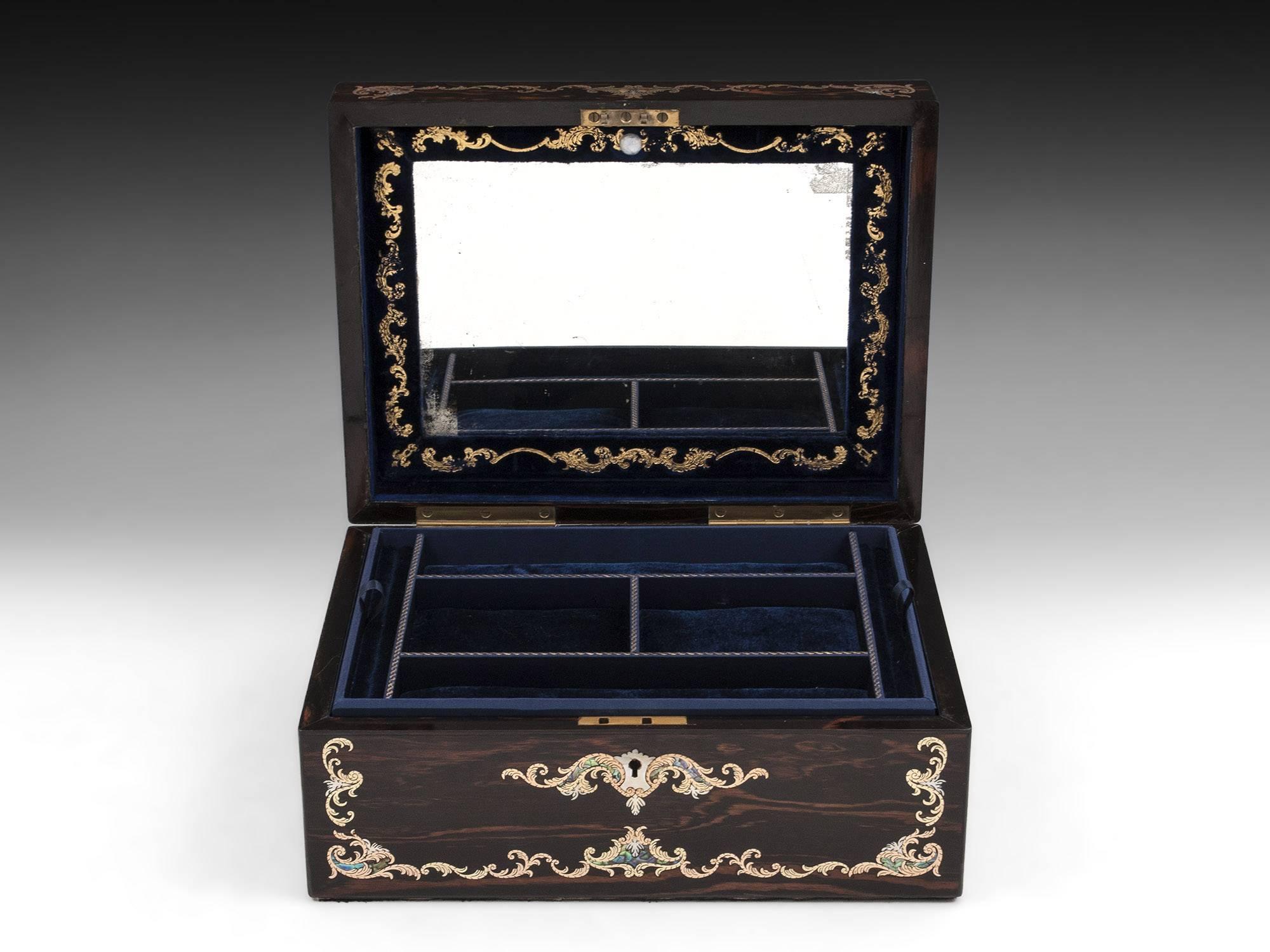 British Antique Coromandel Jewelry Box Inlaid with Brass Mother-of-pearl, 19th Century