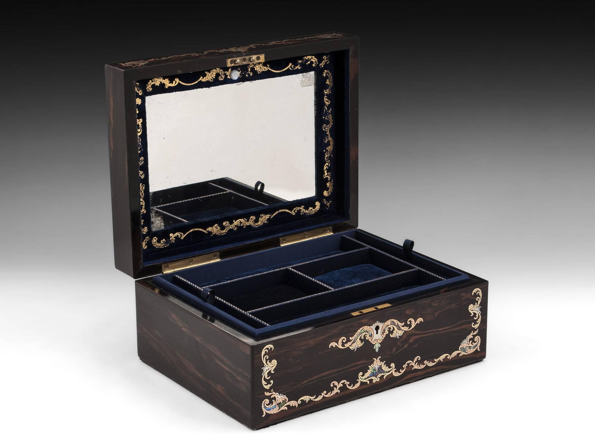 Antique Coromandel Jewelry Box Inlaid with Brass Mother-of-pearl, 19th Century In Good Condition In Northampton, United Kingdom