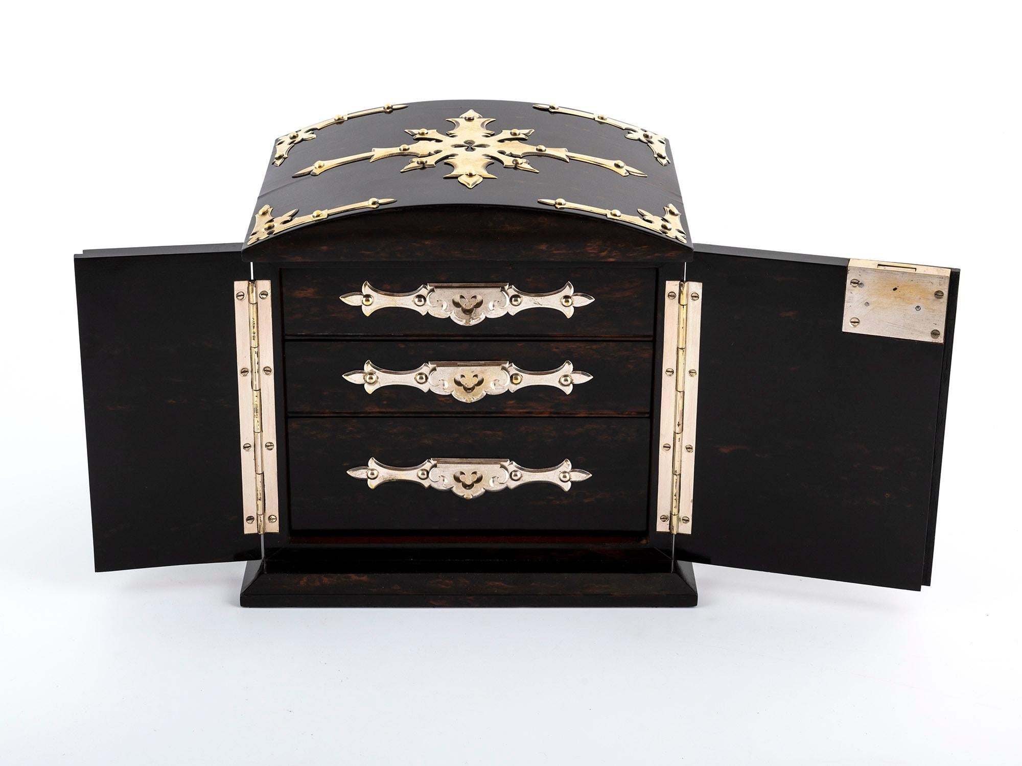 Brass Antique Coromandel Jewelry Cabinet by Betjemann & Son For Sale