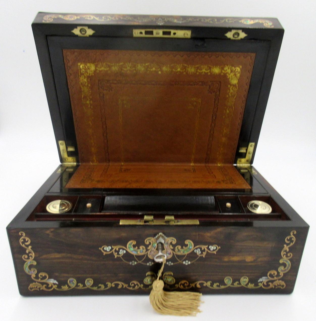 Antique Coromandel Mahogany Brass Inlaid English Writing Box Slope Mother Pearl  8