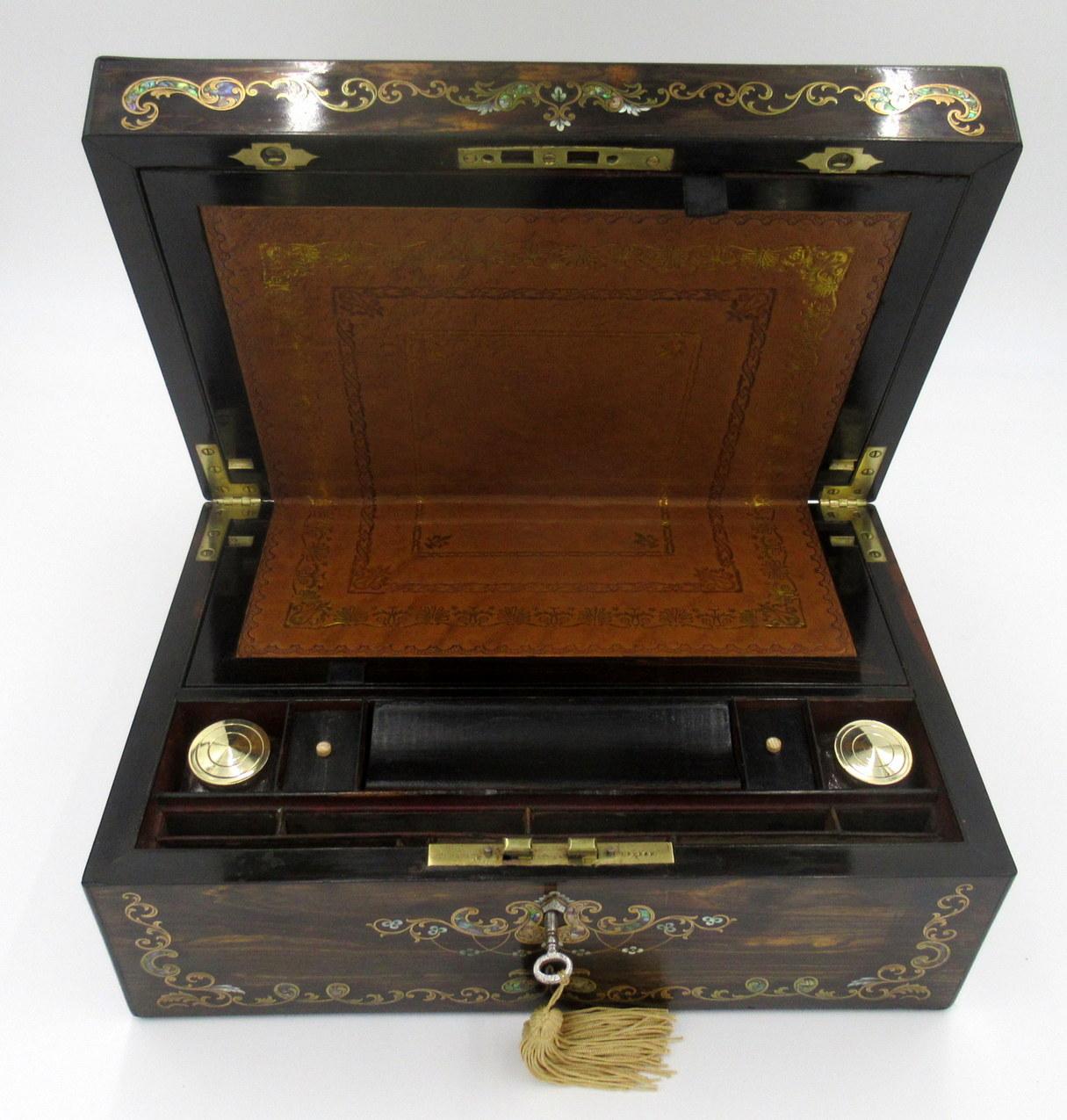 Antique Coromandel Mahogany Brass Inlaid English Writing Box Slope Mother Pearl  9