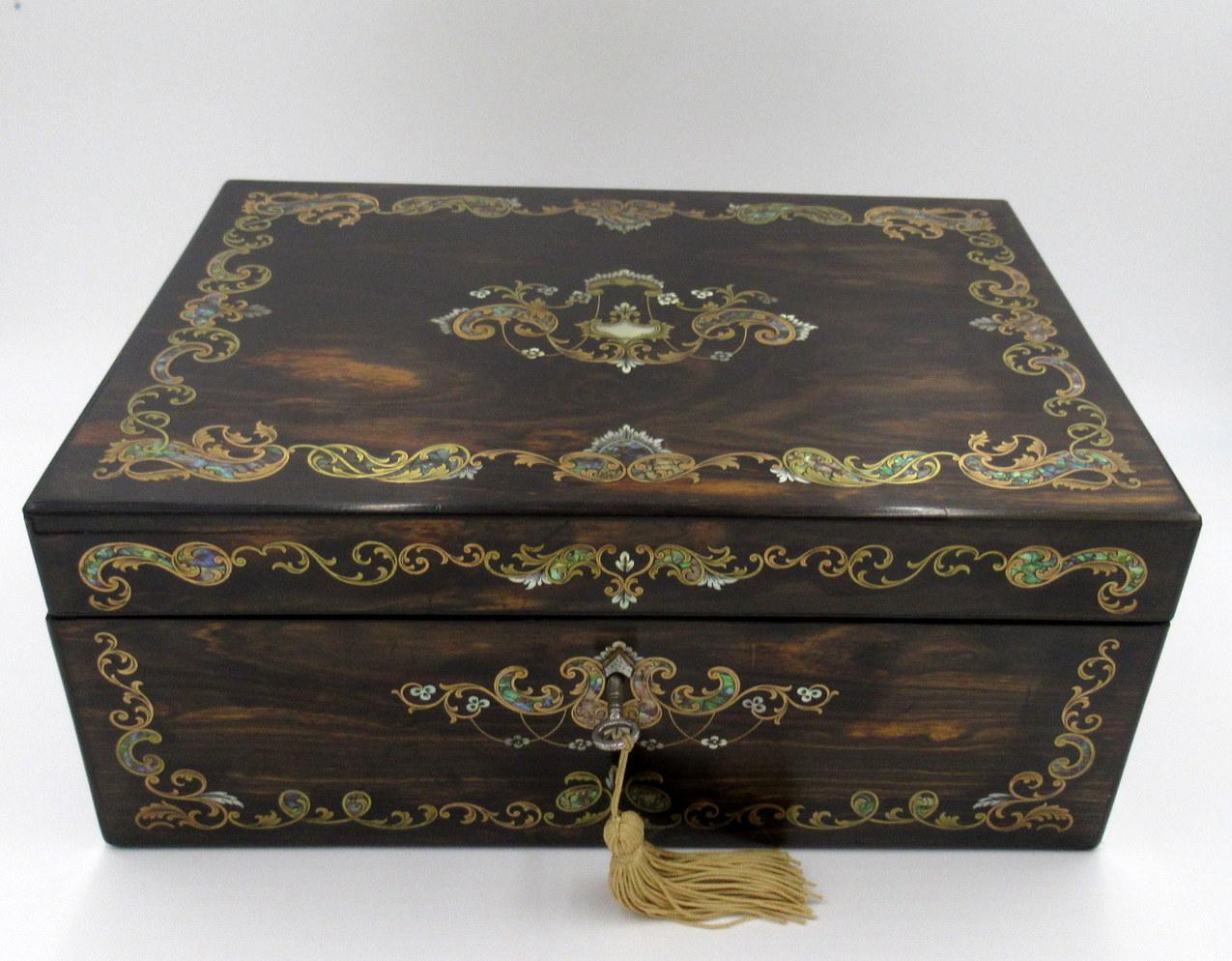 Antique Coromandel Mahogany Brass Inlaid English Writing Box Slope Mother Pearl  In Good Condition In Dublin, Ireland