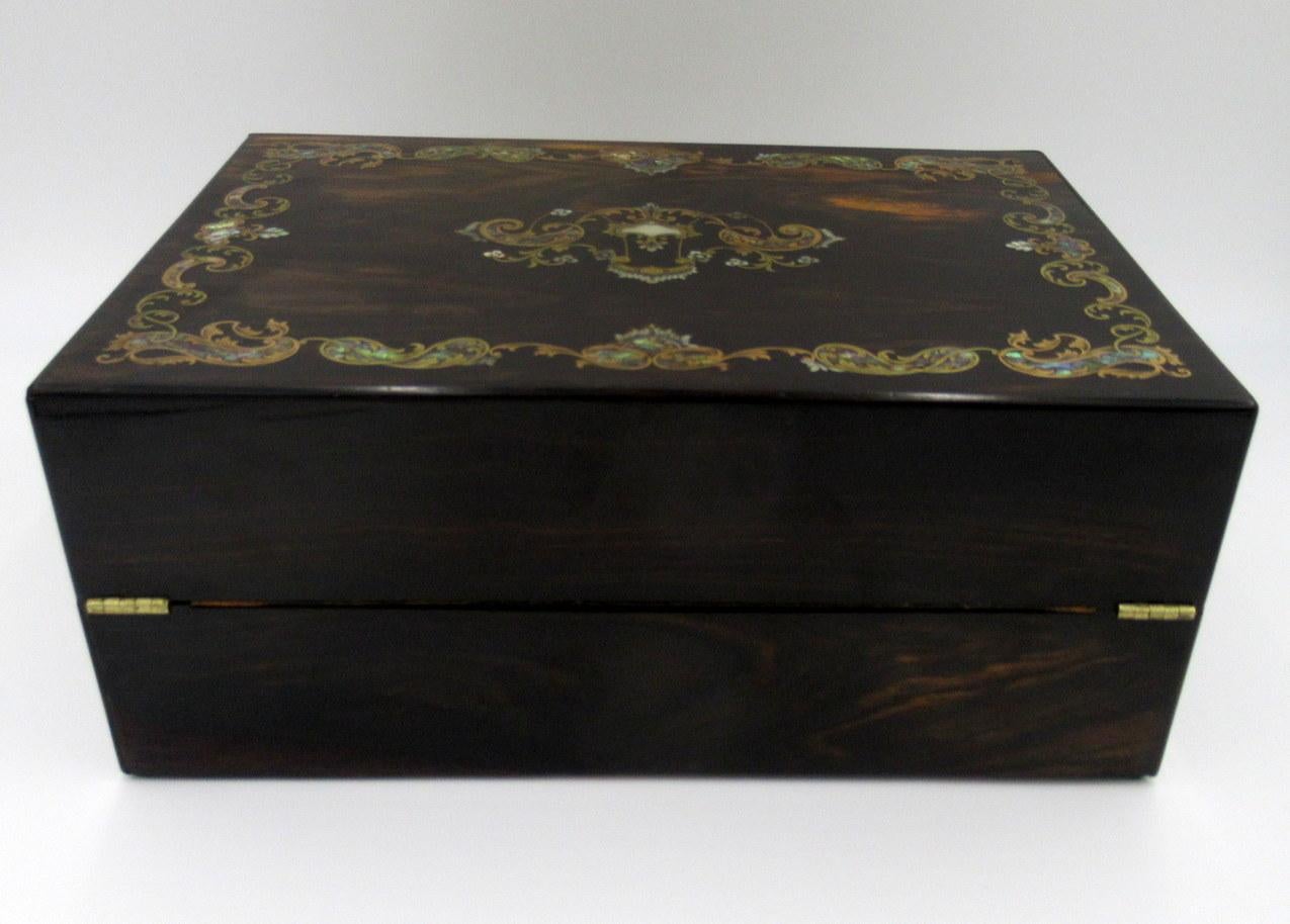 Antique Coromandel Mahogany Brass Inlaid English Writing Box Slope Mother Pearl  3