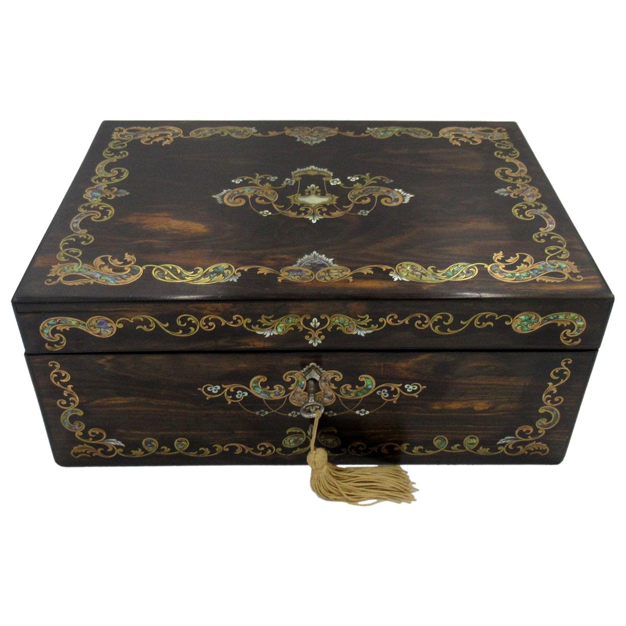Antique Coromandel Mahogany Brass Inlaid English Writing Box Slope Mother Pearl 