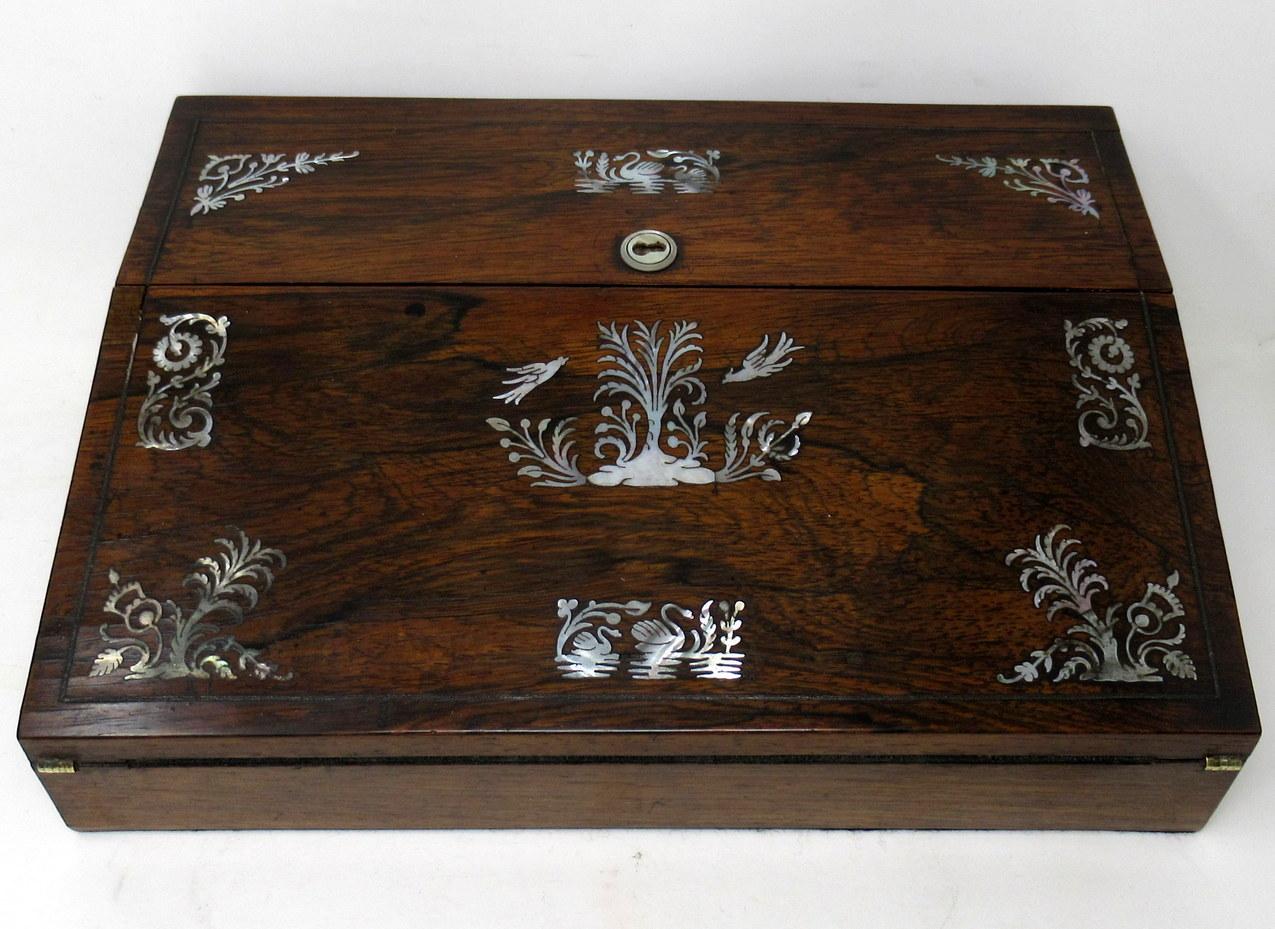 British Antique Coromandel Mahogany Mother of Pearl Victorian English Writing Slope Box