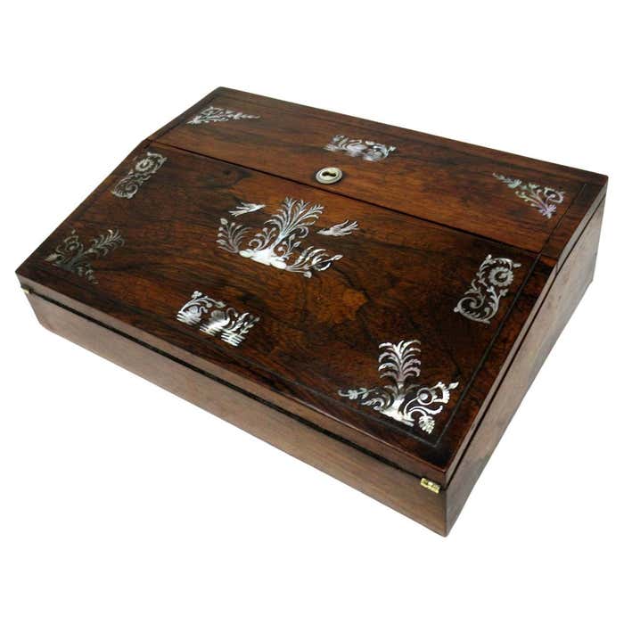 Writing Box Table Antique Coromandel Mahogany Mother of Pearl Victorian English Writing ...