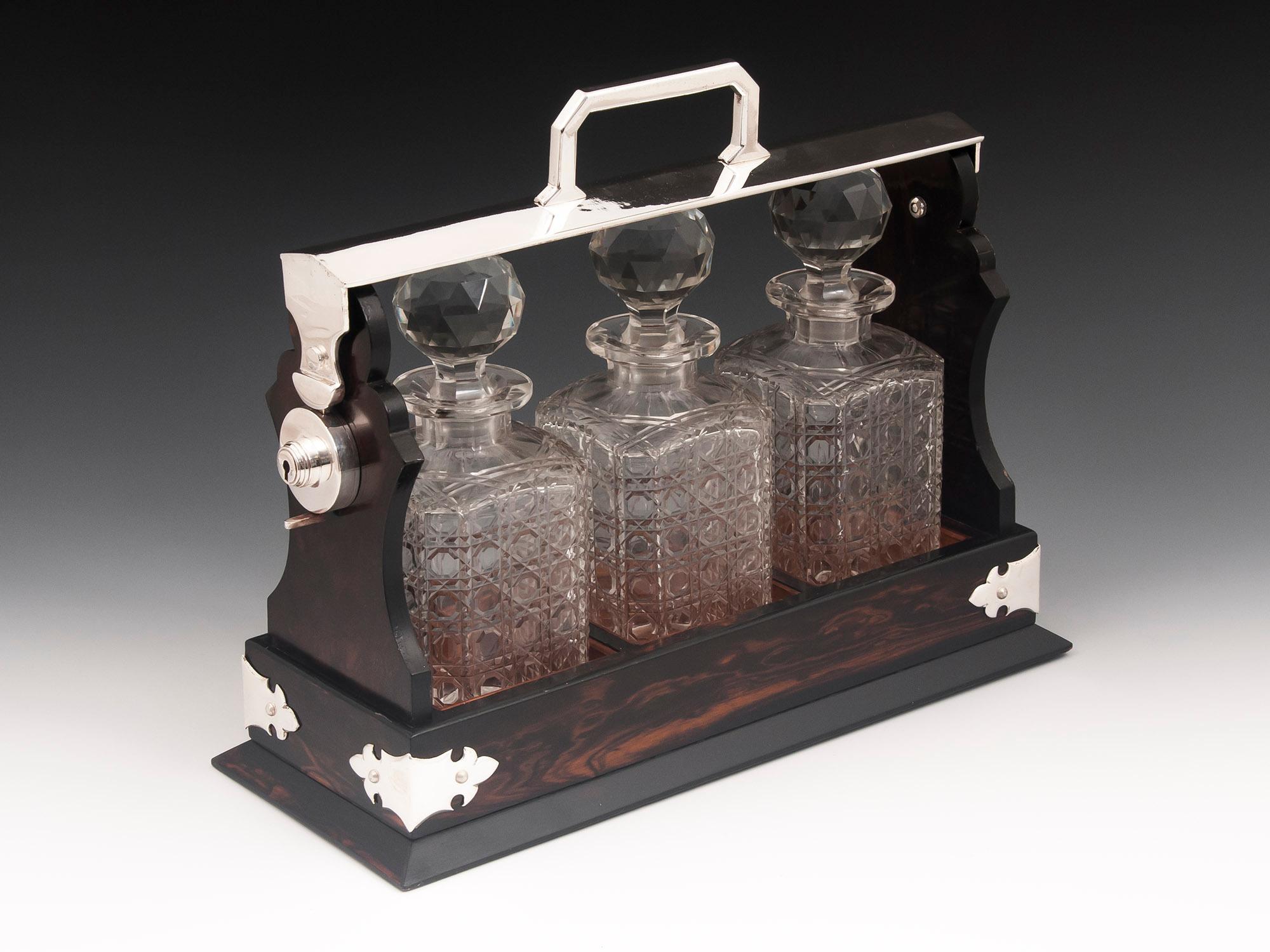 Antique Coromandel Tantalus with Hobnail Cut Decanters In Good Condition In Northampton, GB