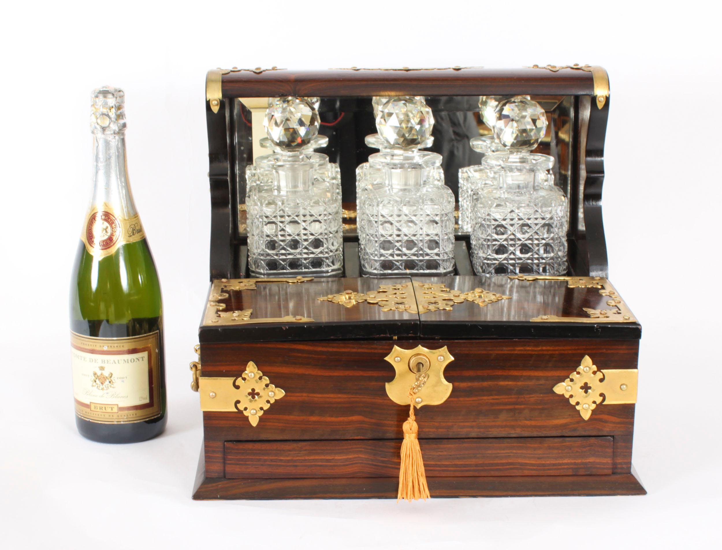 Antique Coromandel Three Crystal Decanter Tantalus & Games Drawer 19th C For Sale 13