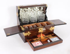 Antique Coromandel Three Crystal Decanter Tantalus & Games Drawer 19th C