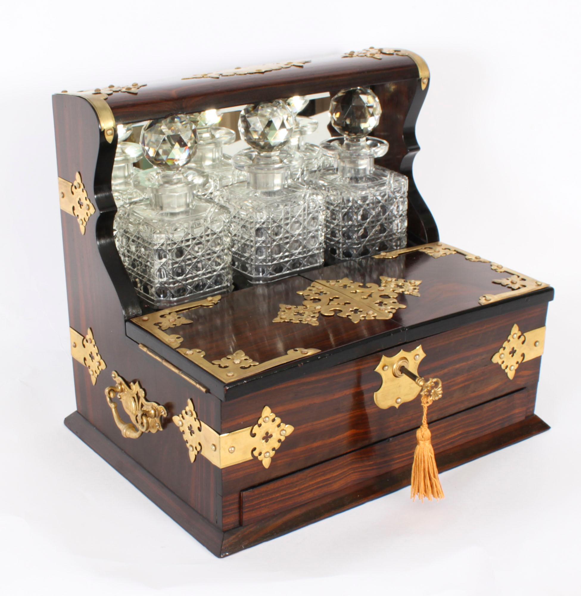 Late Victorian Antique Coromandel Three Crystal Decanter Tantalus & Games Drawer 19th C For Sale
