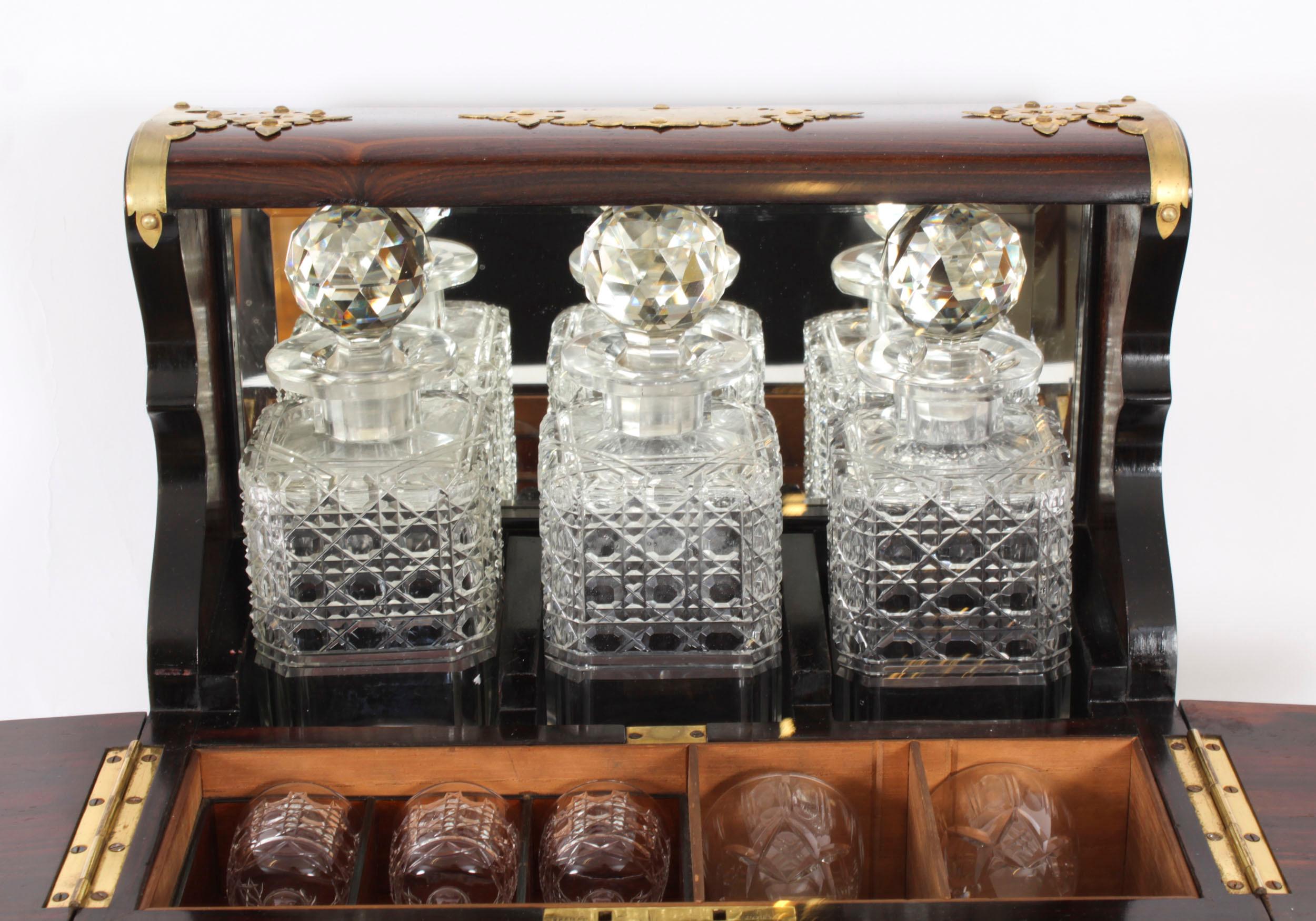 Antique Coromandel Three Crystal Decanter Tantalus & Games Drawer 19th C In Good Condition For Sale In London, GB