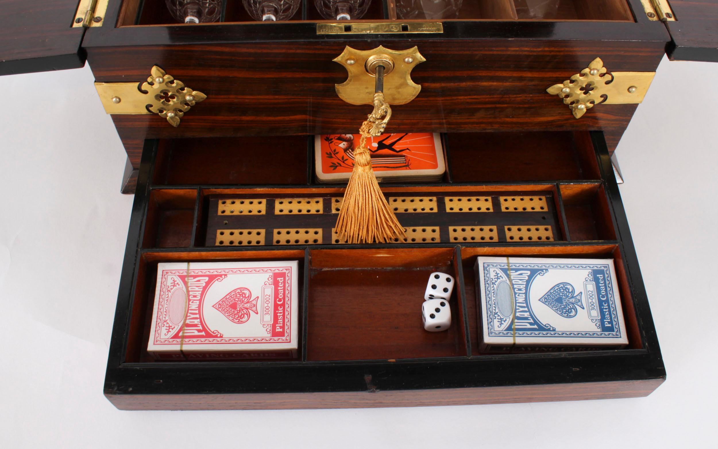 Late 19th Century Antique Coromandel Three Crystal Decanter Tantalus & Games Drawer 19th C For Sale