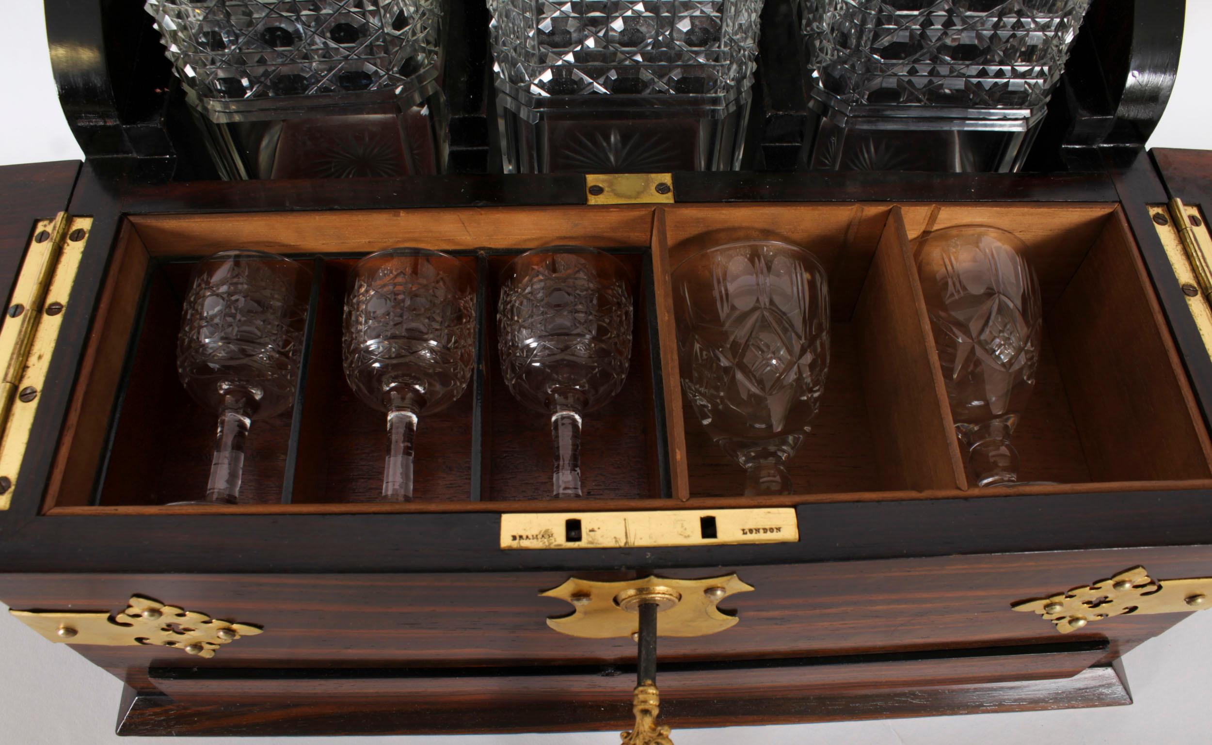 Antique Coromandel Three Crystal Decanter Tantalus & Games Drawer 19th C 1