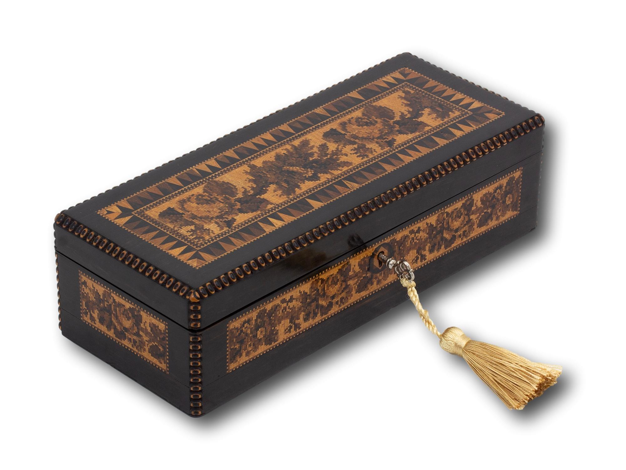 Vandyke Border

From our Tunbridge Ware collection, we are delighted to offer this Antique Coromandel Tunbridge Ware Box. The Box of slim rectangular shape is veneered to the exterior in Coromandel and features an unusual bobbin moulding to the edge