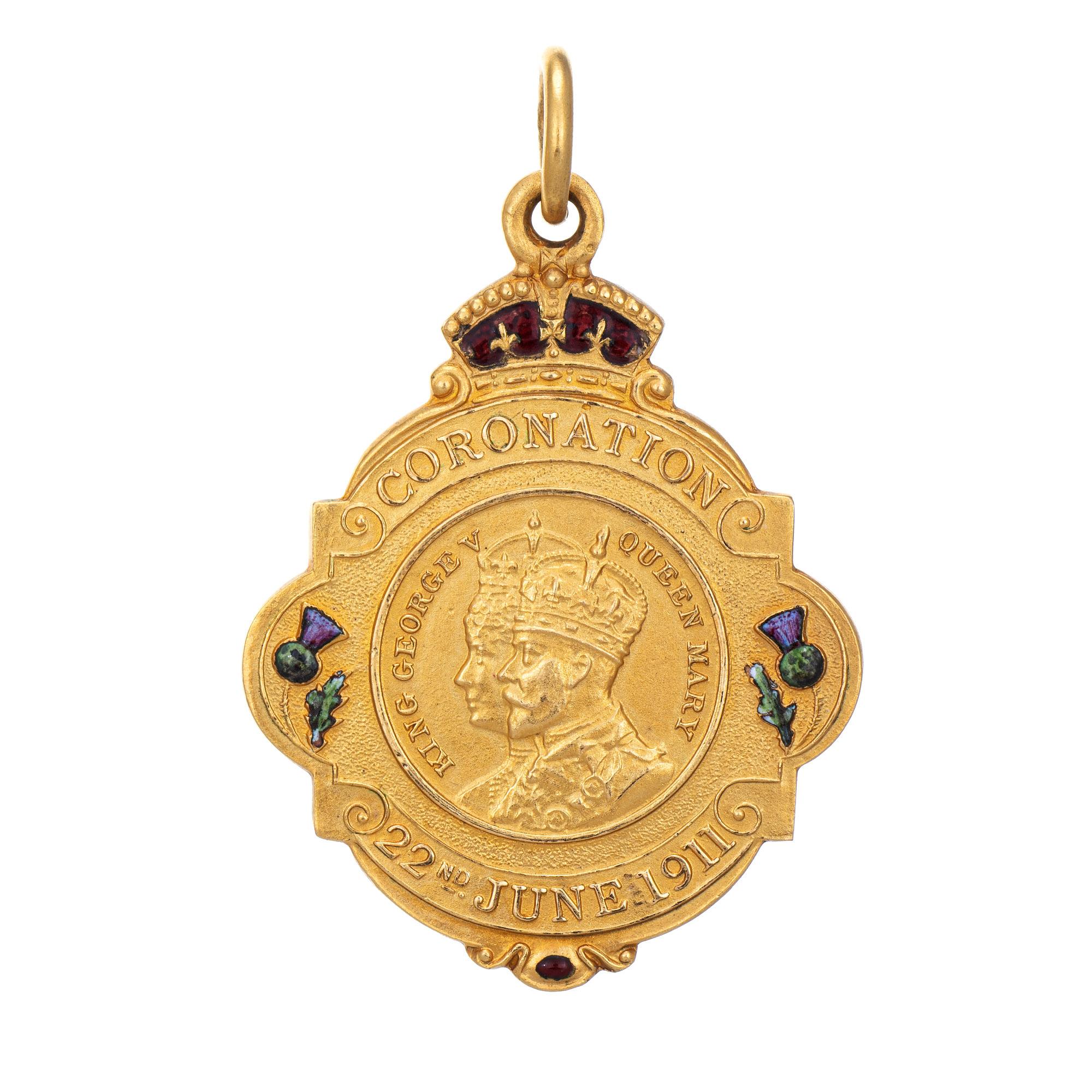 Elaborate antique Edwardian era medallion (circa 1911) crafted in 15 karat yellow gold. 

The beautifully detailed medallion dates to 1911 and commemorates the coronation of King George V and Queen Mary on June 22nd. Colorful and elaborate enamel