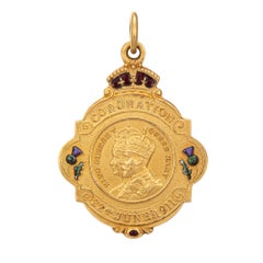 Antikes Coronation Medaillon 15k Gold George V. Mary Anhänger Emaille Glasgow