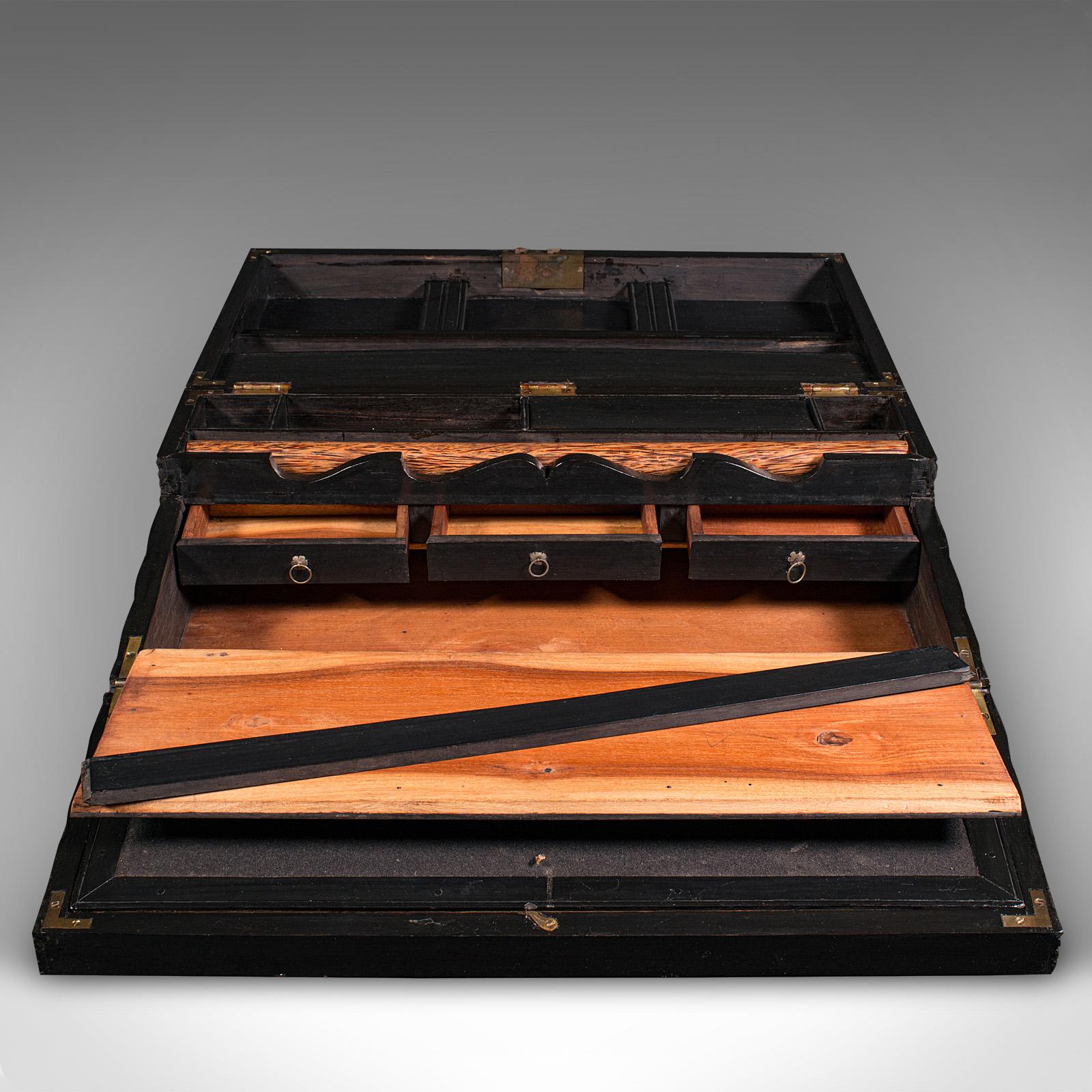 Antique Correspondence Box, Ceylon, Ebony, Campaign, Writing Slope, Victorian For Sale 3