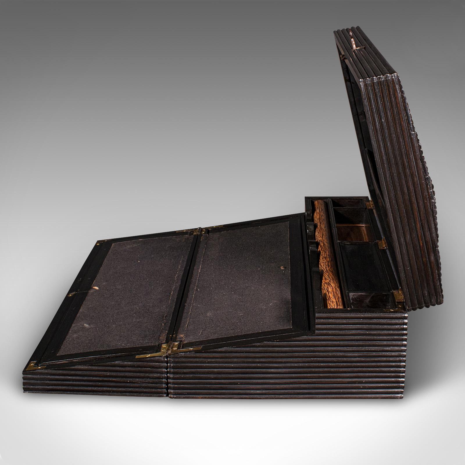 19th Century Antique Correspondence Box, Ceylon, Ebony, Campaign, Writing Slope, Victorian For Sale