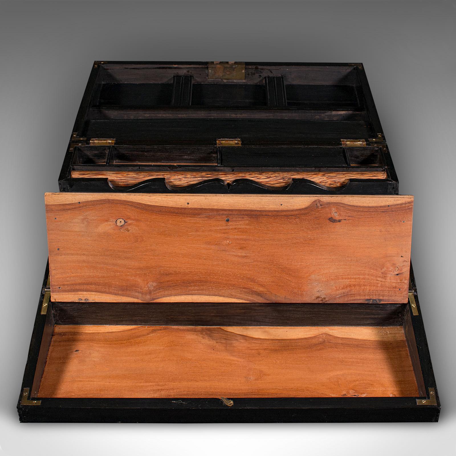 Antique Correspondence Box, Ceylon, Ebony, Campaign, Writing Slope, Victorian For Sale 1