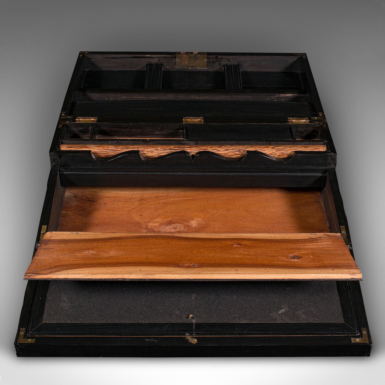 Antique Correspondence Box, Ceylon, Ebony, Campaign, Writing Slope, Victorian For Sale 2