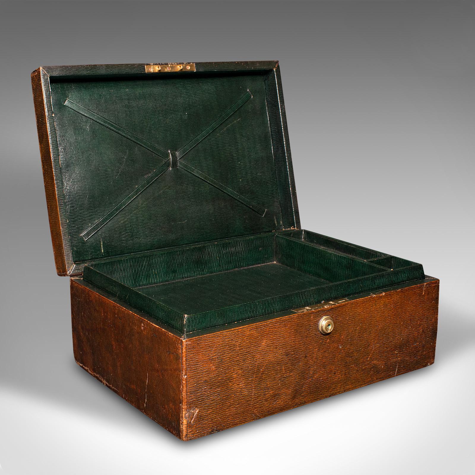 This is an antique correspondence box. An English, aged leather travelling writing case in the manner of Asprey, dating to the mid Victorian period, circa 1860.

Appealing Victorian leather writing box, with fascinating colour
Displays a desirable