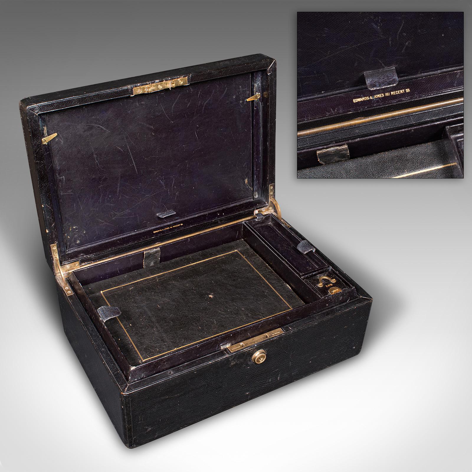 This is an antique correspondence box. An English, leather bound writing case, dating to he late Victorian period, circa 1890.

Graced with a suite of features and appealing dark finish
Displays a desirable aged patina and in good original